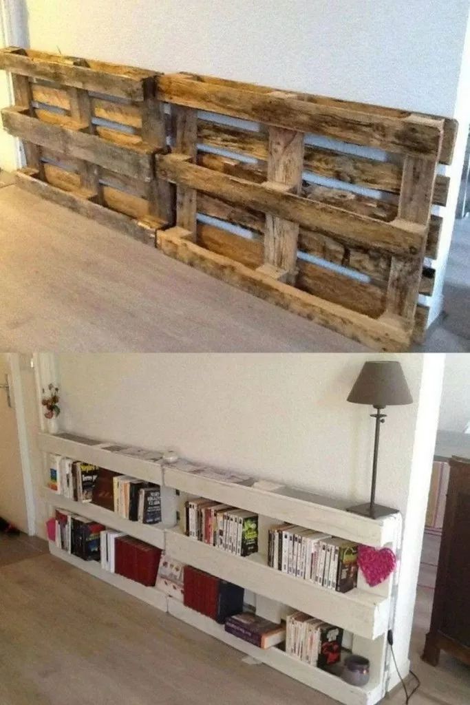 Most current Photographs pallet projects easy Thoughts DIY pallet transformation into white bookshelf with books and decor in a cozy room setting, showcasing creative upcycling. | Sky Rye Design DIY pallet transformation into white bookshelf with books and decor in a cozy room setting, showcasing creative upcycling.