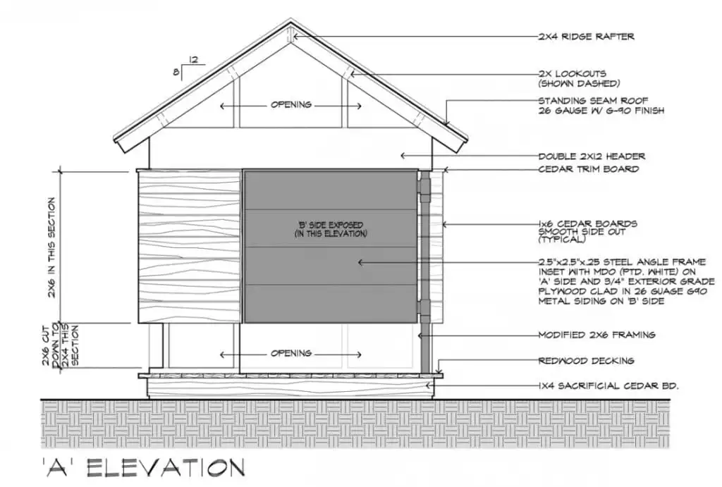 Movie-Theater-Playhouse-CDs-A-Elevation-2-1100x742 Architectural elevation drawing showing detailed exterior components, including cedar boards, steel frame, and redwood decking design. | Sky Rye Design Architectural elevation drawing showing detailed exterior components, including cedar boards, steel frame, and redwood decking design.
