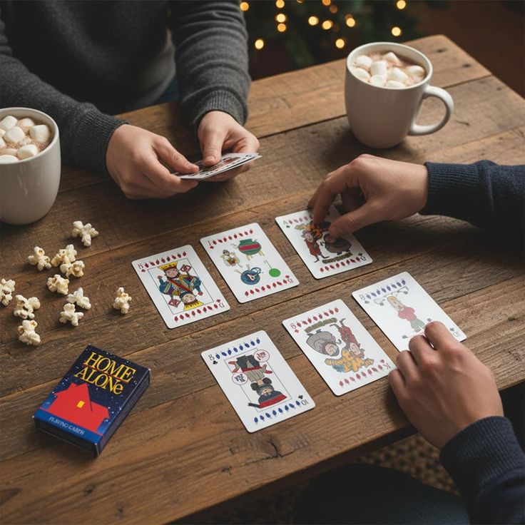 Two people playing a card game with Home Alone themed cards, surrounded by hot cocoa with marshmallows and popcorn on a wooden table.