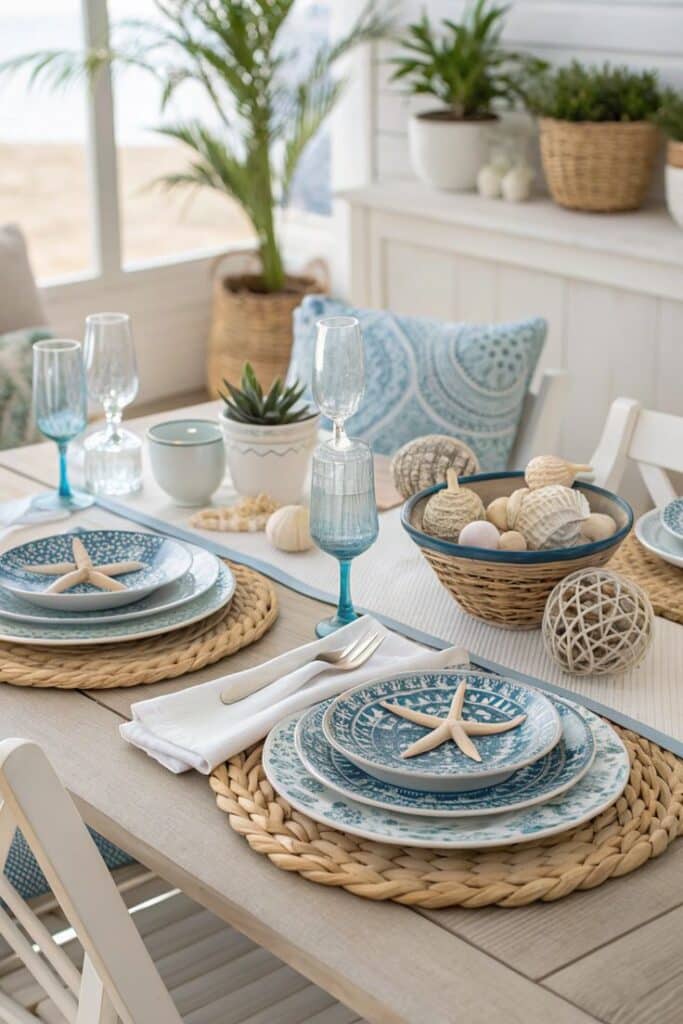 Beach-themed table setting with blue plates, starfish decor, wicker accents, plants, and ocean-inspired elements for seaside dining.