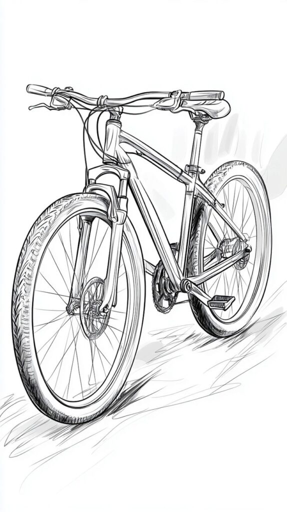 Need a Creative Fix_ 80+ Easy Doodles to Draw When Youre Bored 144 Detailed sketch of a modern mountain bike with a focus on its sturdy frame and knobby tires, perfect for rugged terrain exploration. | Sky Rye Design Detailed sketch of a modern mountain bike with a focus on its sturdy frame and knobby tires, perfect for rugged terrain exploration.