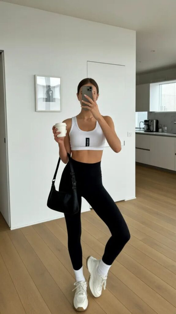 Woman taking mirror selfie in modern living room, wearing athletic wear, holding coffee, black bag, capturing casual style and fitness.