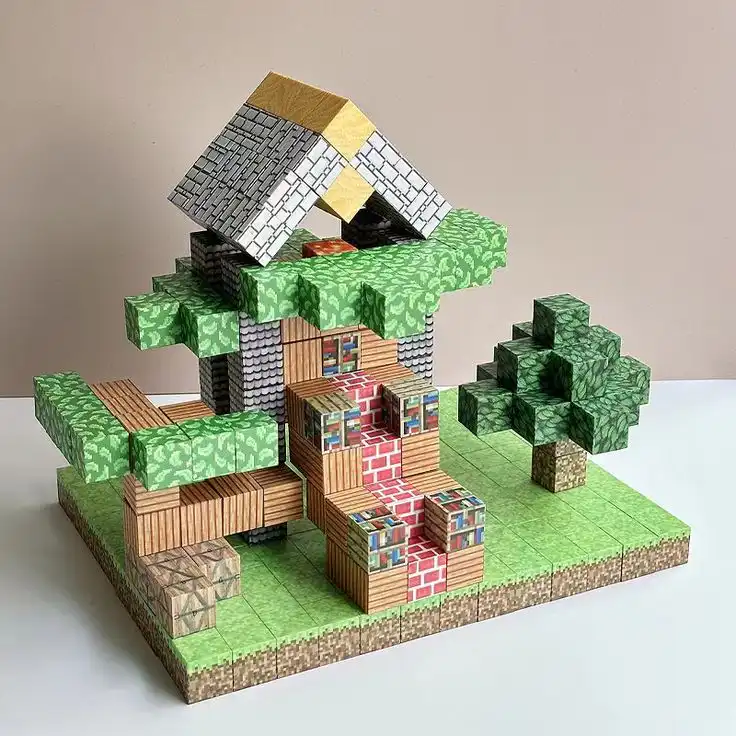 New Pixel Model Magnetic Building Blocks Cube Creative DIY Toys For Children Educational Toy Pixelated block house with a tree, featuring a grass base and a colorful roof, resembling a Minecraft-style design. | Sky Rye Design Pixelated block house with a tree, featuring a grass base and a colorful roof, resembling a Minecraft-style design.