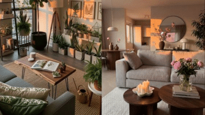 Modern living room with indoor plants, cozy sofa, candles, and elegant decor. Sunlit ambiance creates a warm, inviting atmosphere.