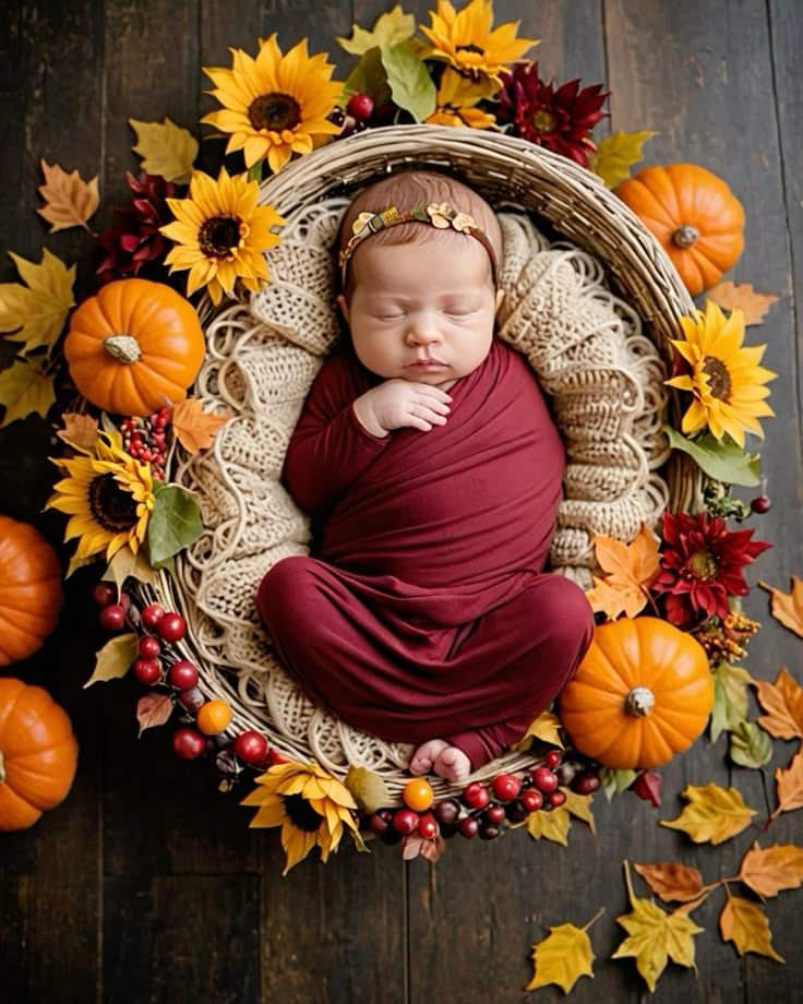 Newborn baby autumn photoshoot Newborn baby peacefully sleeping in a cozy basket with autumn decorations, pumpkins, and sunflowers on a wooden floor. | Sky Rye Design Newborn baby peacefully sleeping in a cozy basket with autumn decorations, pumpkins, and sunflowers on a wooden floor.
