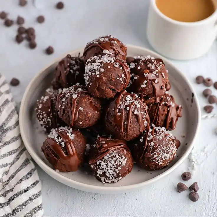 Delicious chocolate truffles drizzled with melted chocolate and sprinkled with sea salt on a white plate, next to a cup of coffee.