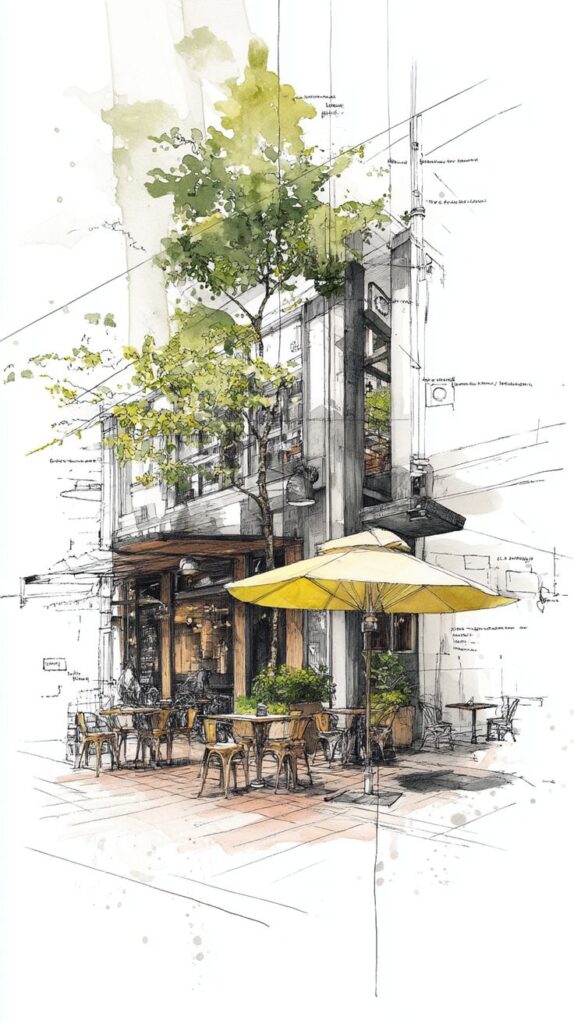 OUTDOOR CAFE SKETCH Artistic sketch of a charming outdoor café with yellow umbrellas, surrounded by greenery, creating a cozy and inviting atmosphere. | Sky Rye Design Artistic sketch of a charming outdoor café with yellow umbrellas, surrounded by greenery, creating a cozy and inviting atmosphere. architectural sketches for beginners