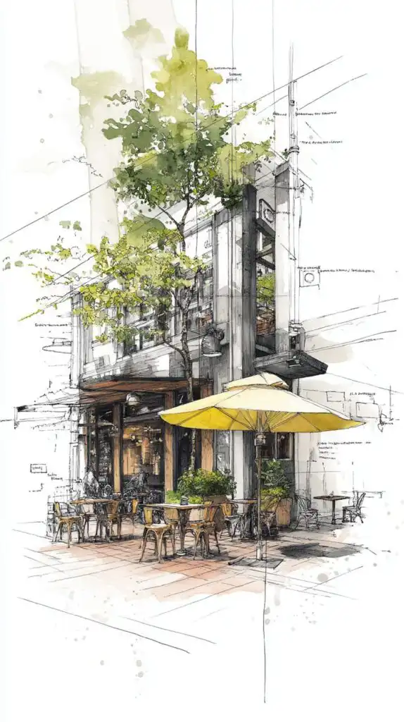 Artistic sketch of a charming outdoor café with yellow umbrellas, surrounded by greenery, creating a cozy and inviting atmosphere. architectural sketches for beginners