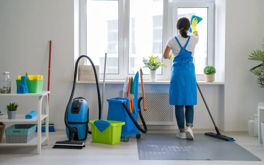 Person cleaning windows in a tidy room with various cleaning tools, vacuum, and mop. Bright, organized domestic cleaning setup.