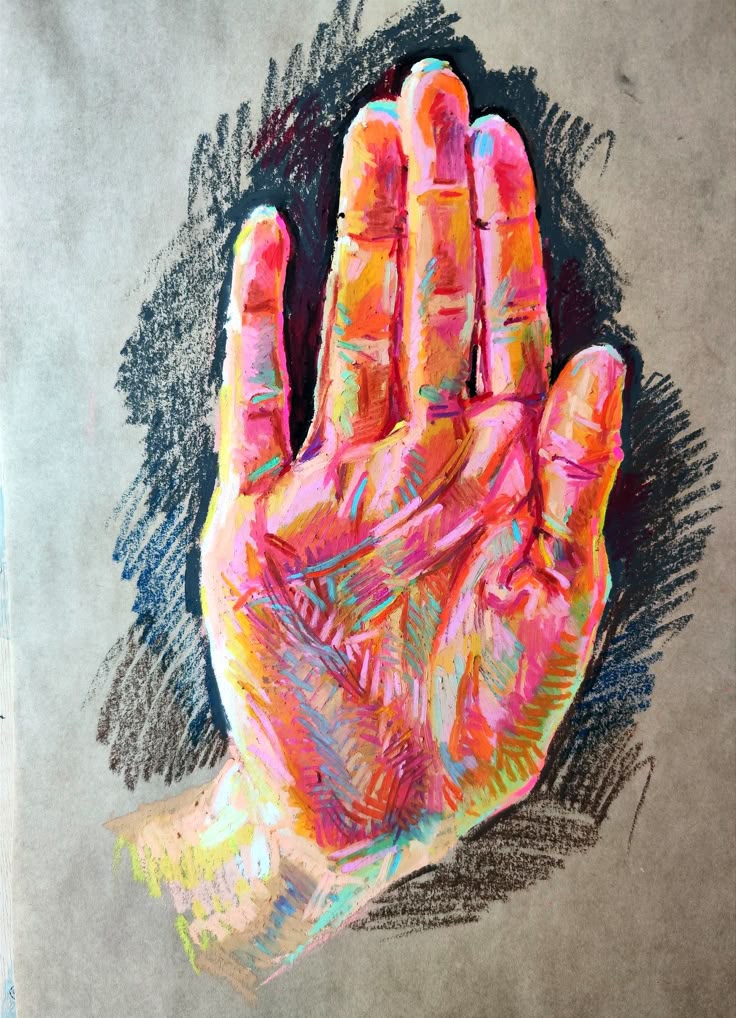 Oil pastel hand Colorful hand drawing using pastels on paper, featuring vibrant pinks, blues, and yellows, showcasing artistic texture and detail. | Sky Rye Design Colorful hand drawing using pastels on paper, featuring vibrant pinks, blues, and yellows, showcasing artistic texture and detail.