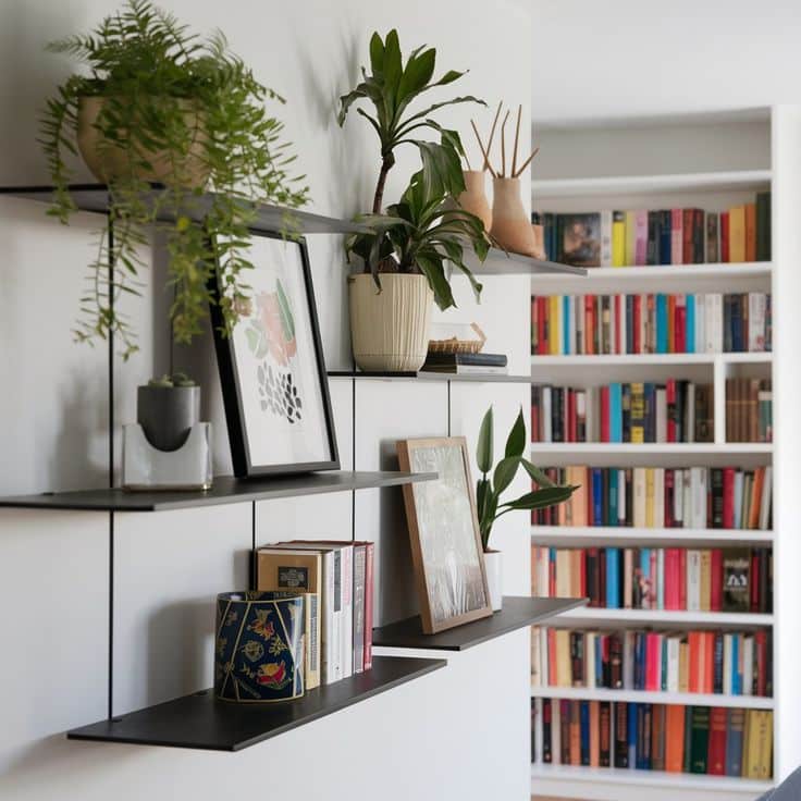 Modern living room with decorative wall shelves featuring potted plants and framed art, adjacent to a colorful bookshelf. Cozy interior design.
