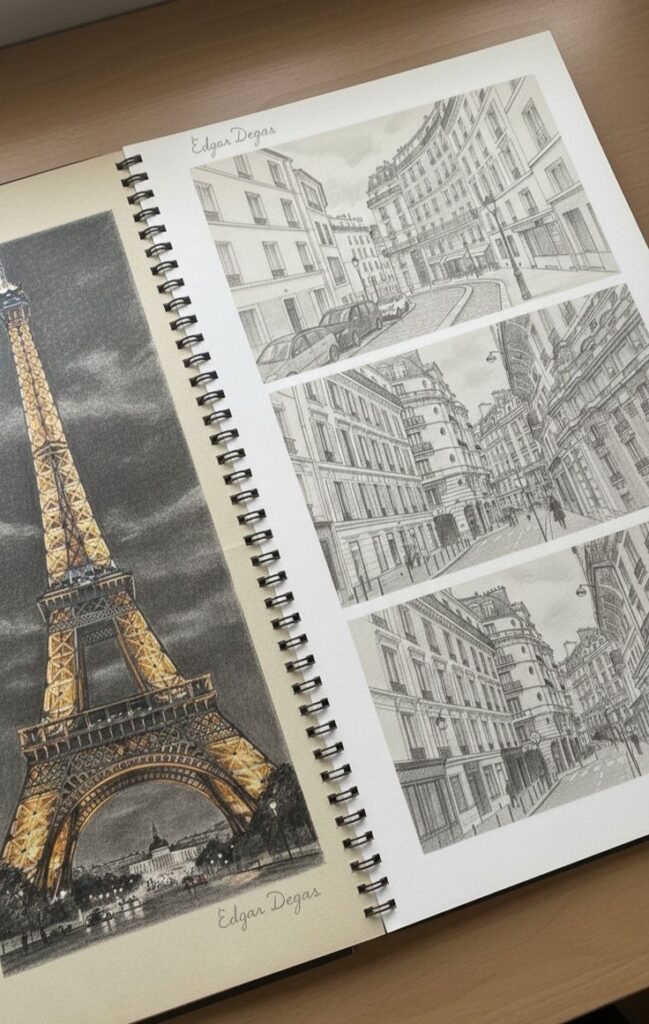 Paris is a poem written in stone and light_🗼✨ Sketchbook with Eiffel Tower and Paris street drawings on a wooden table, showcasing artistic sketches by Edgar Degas. | Sky Rye Design Sketchbook with Eiffel Tower and Paris street drawings on a wooden table, showcasing artistic sketches by Edgar Degas.