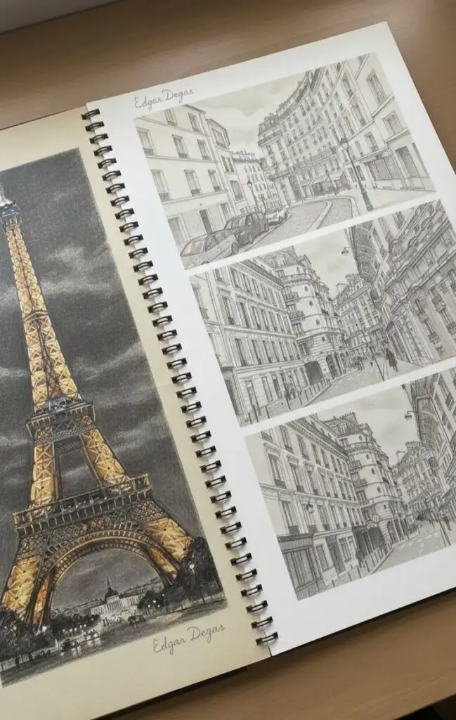 Sketchbook with Eiffel Tower and Paris street drawings on a wooden table, showcasing artistic sketches by Edgar Degas.