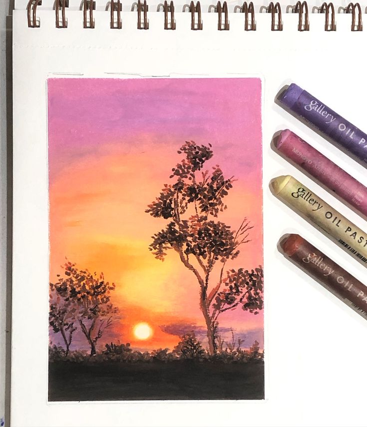 Pastel hues Sunset landscape painting with trees using oil pastels in a sketchbook. Vibrant orange and pink hues create a serene evening scene. | Sky Rye Design Sunset landscape painting with trees using oil pastels in a sketchbook. Vibrant orange and pink hues create a serene evening scene.