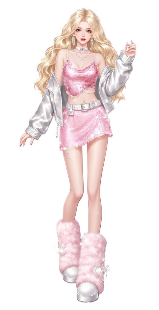 Perfect outfit_Design_ Unique wearing_Fashion Stylish blonde anime character in pink sequin outfit, silver jacket, and fluffy boots. Fashionable and glamorous digital art. | Sky Rye Design Stylish blonde anime character in pink sequin outfit, silver jacket, and fluffy boots. Fashionable and glamorous digital art.