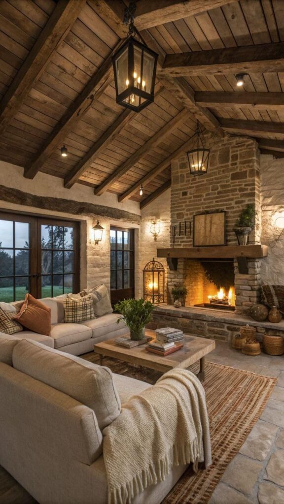 Phillip Letts Amazon Page Cozy rustic living room with stone fireplace, wooden beams, and warm lighting, featuring plush sofas and textured decor elements. | Sky Rye Design Cozy rustic living room with stone fireplace, wooden beams, and warm lighting, featuring plush sofas and textured decor elements.