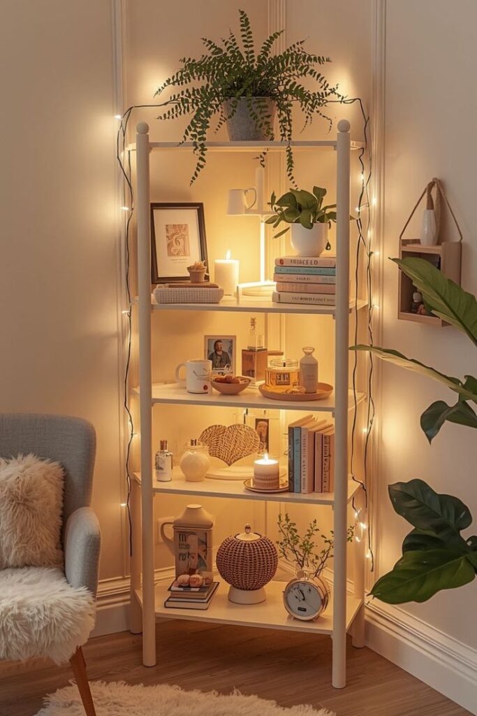 Pinterest-Worthy Cream Wood Shelf Setup Cozy corner shelf with books, plants, candles, and string lights, creating a warm and inviting ambiance. Ideal for home decor inspiration. | Sky Rye Design Cozy corner shelf with books, plants, candles, and string lights, creating a warm and inviting ambiance. Ideal for home decor inspiration.
