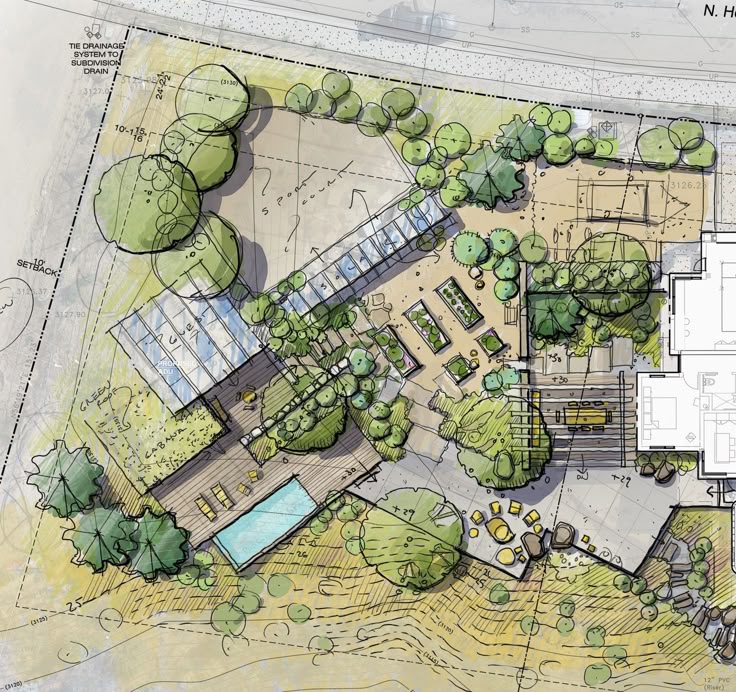 Plan sketch with all the amenities Architectural landscape design plan featuring a detailed garden layout with greenery, pathways, and outdoor structures, viewed from above. | Sky Rye Design Architectural landscape design plan featuring a detailed garden layout with greenery, pathways, and outdoor structures, viewed from above.