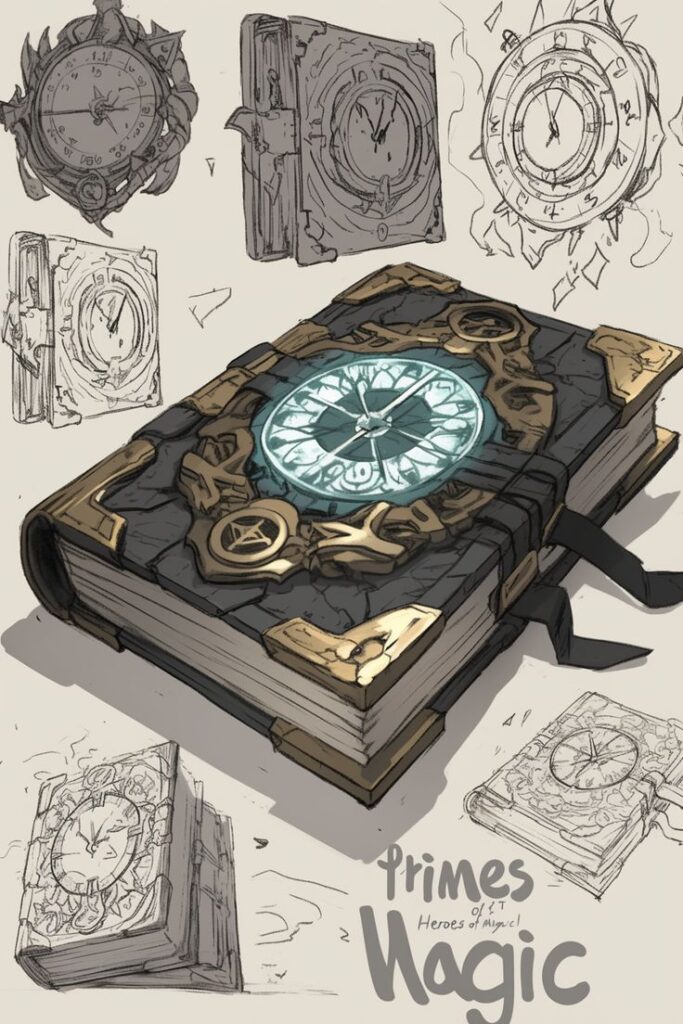 Prime Magic Spellbook Illustration of a magical tome with ornate clock design. Concept art includes sketches and detailed cover with mystical symbols. | Sky Rye Design Illustration of a magical tome with ornate clock design. Concept art includes sketches and detailed cover with mystical symbols.