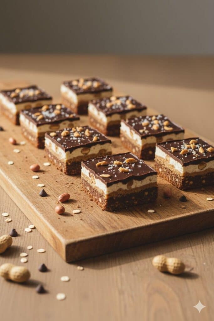 Quick Easy No-Bake Cookie Bars 🍪 Chocolate peanut butter bars on a wooden board, topped with peanuts and chocolate chips, perfect for a sweet dessert treat. | Sky Rye Design Chocolate peanut butter bars on a wooden board, topped with peanuts and chocolate chips, perfect for a sweet dessert treat.