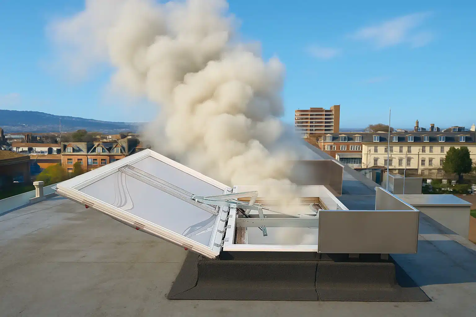 Smoke venting system releasing smoke from building rooftop against blue sky backdrop.