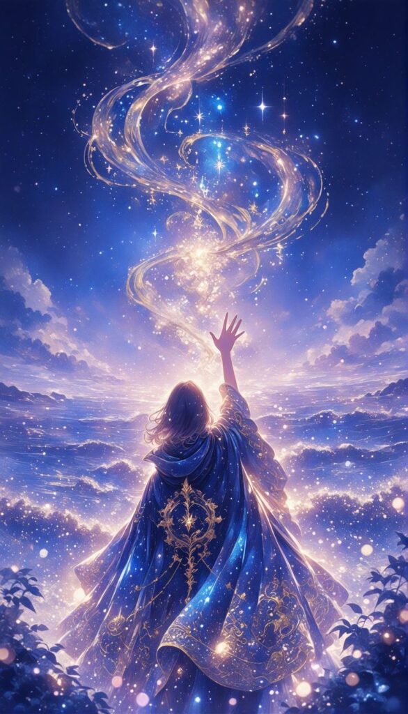 Reaching to the stars Fantasy scene of a cloaked figure reaching towards a swirling starlit sky, surrounded by glowing sparkles and clouds. | Sky Rye Design Fantasy scene of a cloaked figure reaching towards a swirling starlit sky, surrounded by glowing sparkles and clouds.