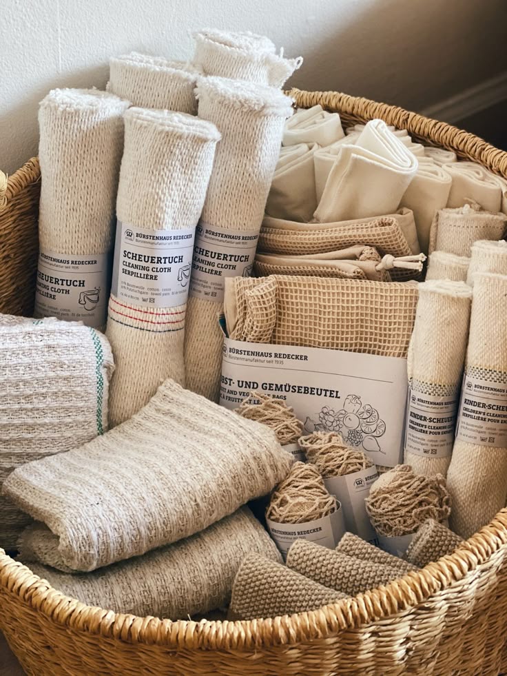 Recycled Cotton Household Cloth Basket of eco-friendly cleaning cloths and reusable bags, showcasing sustainable living essentials and zero-waste home products. | Sky Rye Design Basket of eco-friendly cleaning cloths and reusable bags, showcasing sustainable living essentials and zero-waste home products.