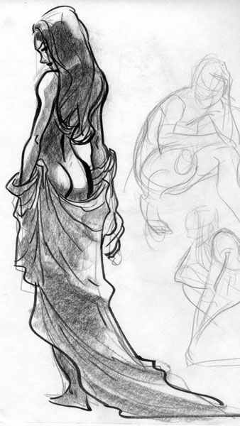 Rod Guen Sketch of a woman in an elegant gown, looking aside with long hair flowing. Two rough figure drawings are visible in the background. | Sky Rye Design Sketch of a woman in an elegant gown, looking aside with long hair flowing. Two rough figure drawings are visible in the background.
