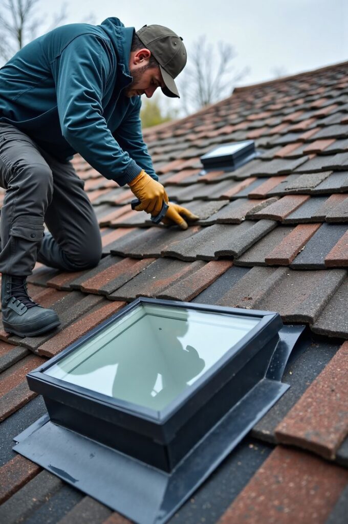 Roofer in workwear repairing shingles on a roof near a skylight, ensuring a watertight seal and proper installation.