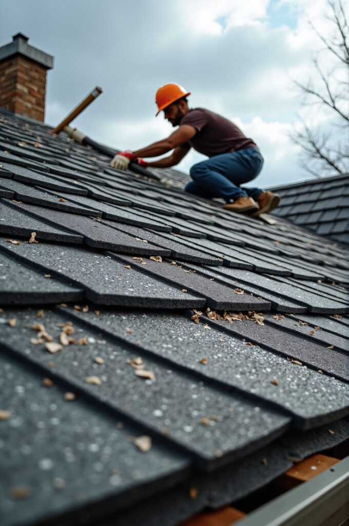 Roof worker in orange helmet repairing shingles on a cloudy day, ensuring safety and maintenance.