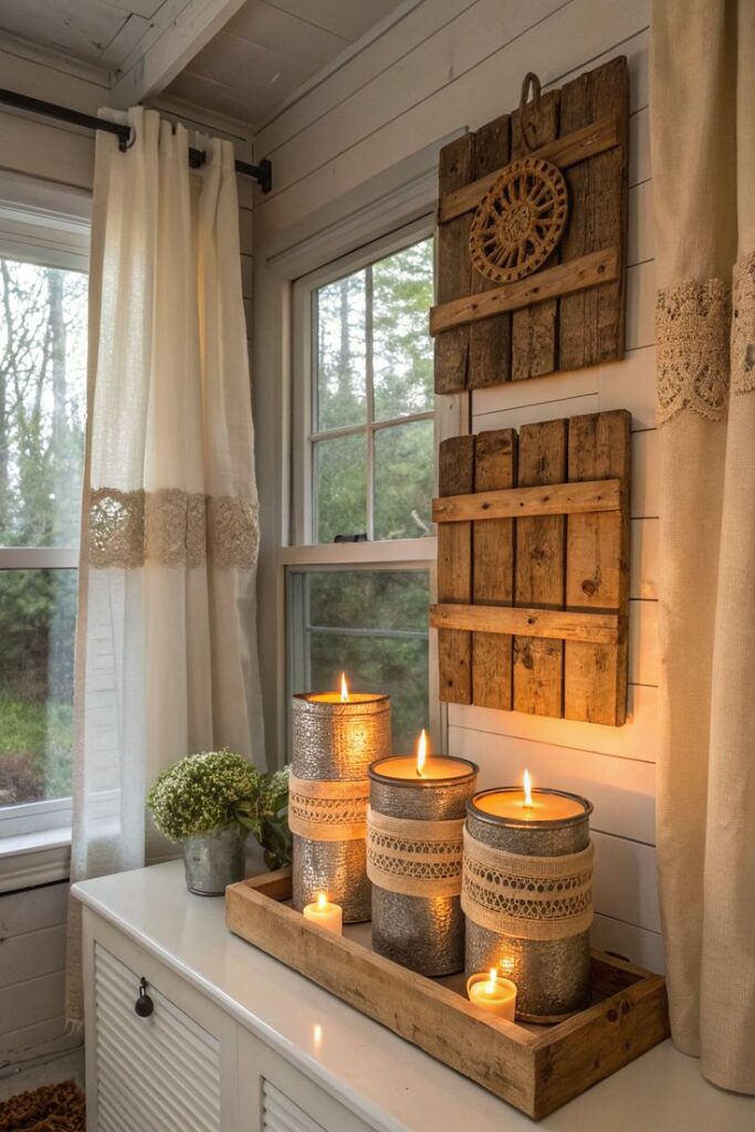 Rustic Charm via home aesthetic diy Crafts Cozy farmhouse decor with lit candles, rustic wood panels, and lace curtains, creating a warm and inviting ambiance by the window. | Sky Rye Design Cozy farmhouse decor with lit candles, rustic wood panels, and lace curtains, creating a warm and inviting ambiance by the window.