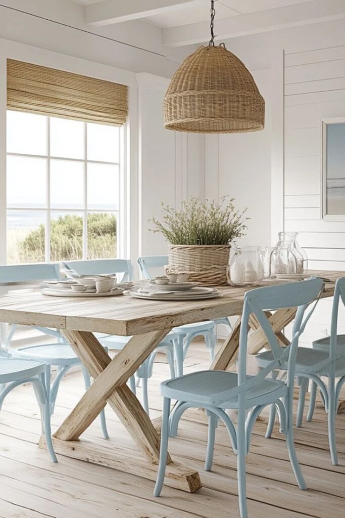 Coastal dining room with rustic wooden table, light blue chairs, and woven pendant lamp, offering a serene beachside ambiance.