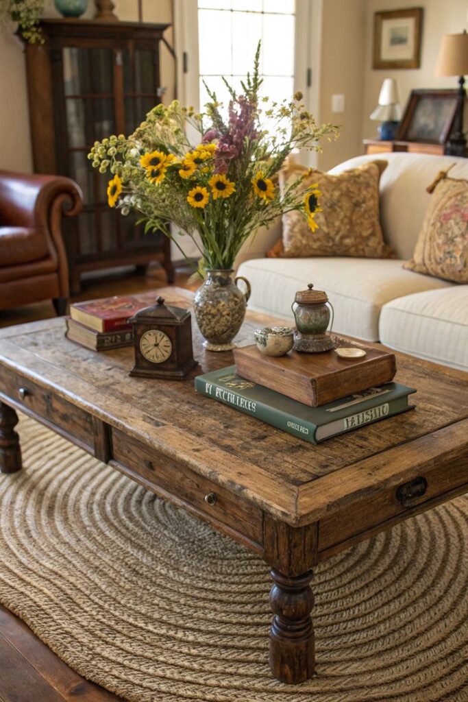 Rustic Cottagecore Living Room Ideas Youll Adore Rustic coffee table with vase of wildflowers, vintage books, and clock in cozy living room setting with natural light and comfy sofa. | Sky Rye Design Rustic coffee table with vase of wildflowers, vintage books, and clock in cozy living room setting with natural light and comfy sofa.