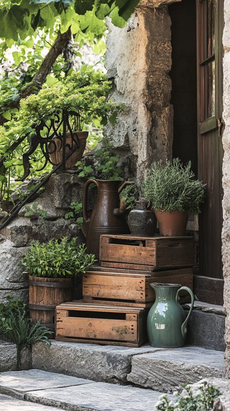 Rustic Garden Decor Ideas for Your Country-Style Garden Rustic stone patio with wooden crates, ceramic jugs, and lush potted plants, creating a charming, natural outdoor scene. | Sky Rye Design Rustic stone patio with wooden crates, ceramic jugs, and lush potted plants, creating a charming, natural outdoor scene.