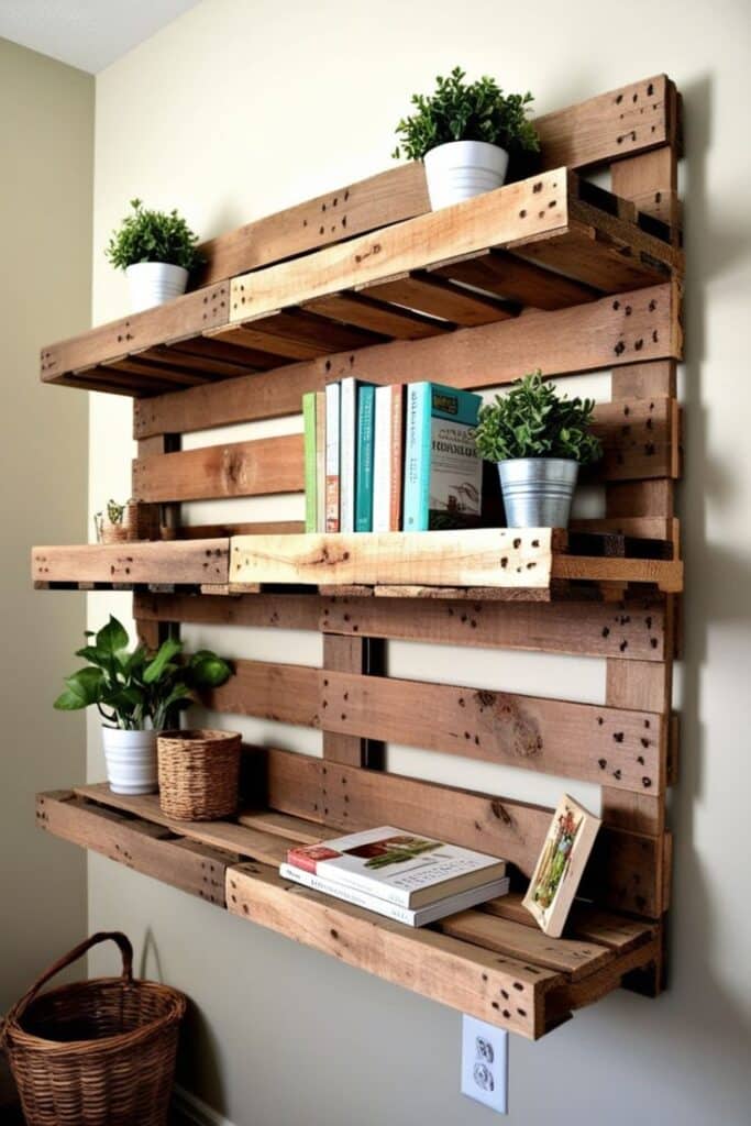 Rustic Pallet Shelving 1 DIY wooden pallet wall shelf with books and potted plants, creating a rustic, eco-friendly home decor accent in a cozy room setting. | Sky Rye Design DIY wooden pallet wall shelf with books and potted plants, creating a rustic, eco-friendly home decor accent in a cozy room setting.