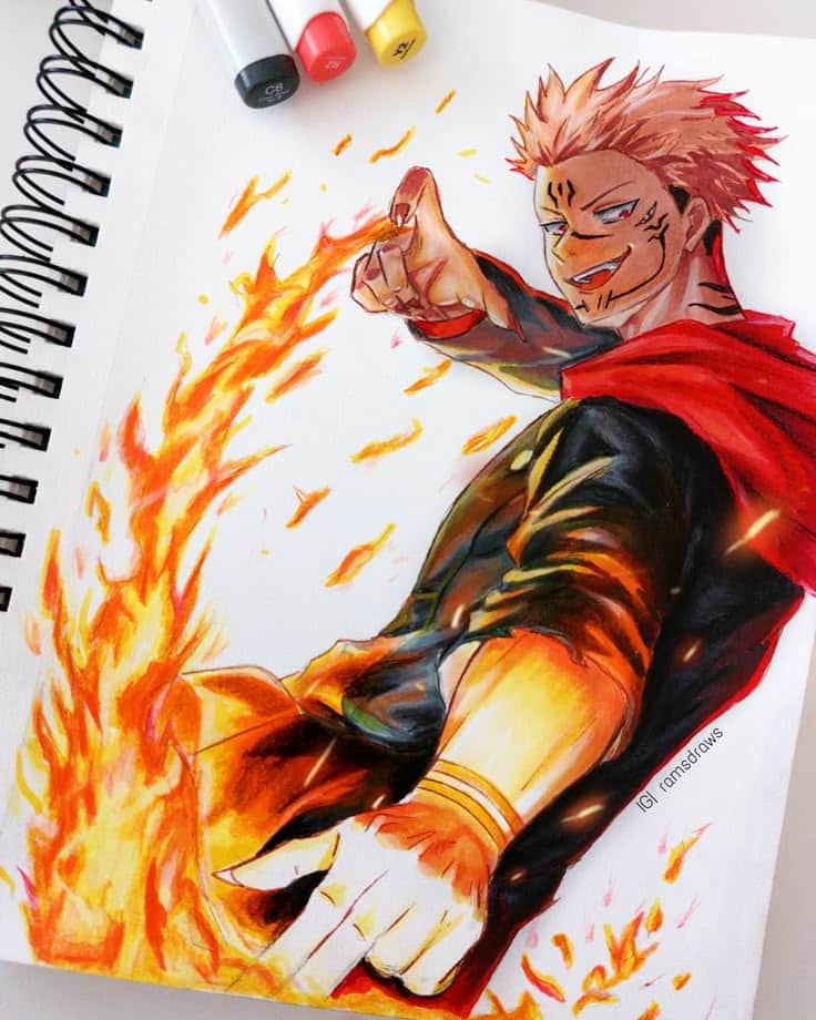 Anime character sketch with fiery effects, vibrant colors, and energetic pose on sketchbook. Marker pens are visible in the background.