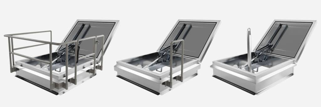 Industrial roof hatches with safety railings and ladders for secure rooftop access, displayed in three variations.
