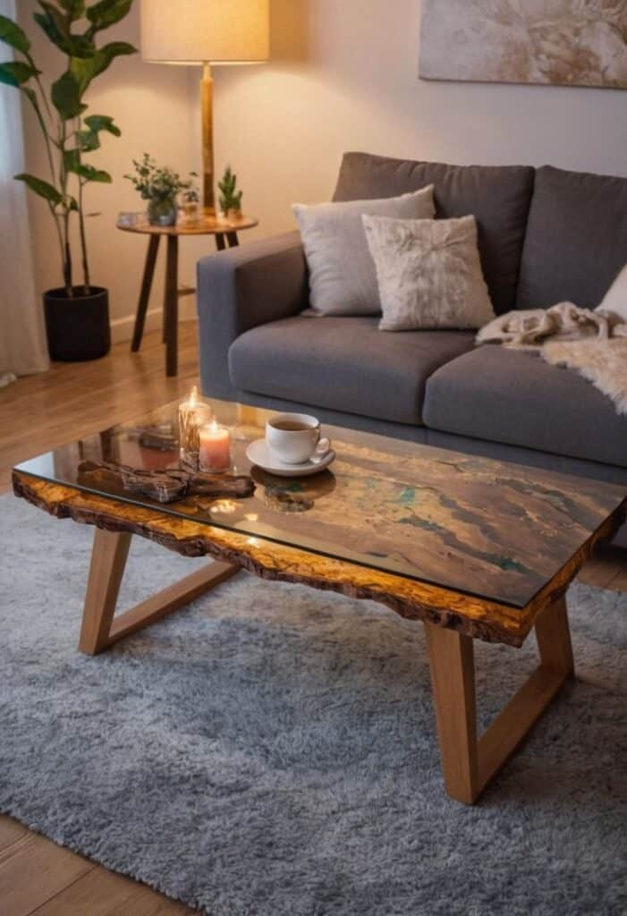 Sandy Oasis Resin Table Sophisticated living room with a rustic wooden coffee table, cozy sofa, lit candles, and plants creating a warm, serene ambiance. | Sky Rye Design Sophisticated living room with a rustic wooden coffee table, cozy sofa, lit candles, and plants creating a warm, serene ambiance.