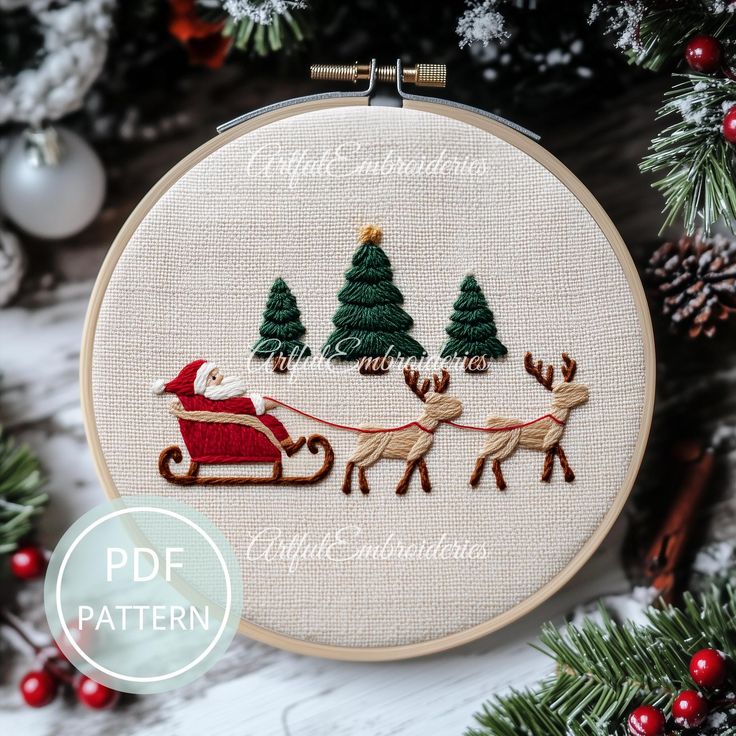 Santas Sleigh Hand Embroidery Pattern Christmas Reindeer PDF Pattern Christmas embroidery pattern featuring Santa in a sleigh with reindeer and trees, perfect for festive decor and crafting projects. | Sky Rye Design Christmas embroidery pattern featuring Santa in a sleigh with reindeer and trees, perfect for festive decor and crafting projects.