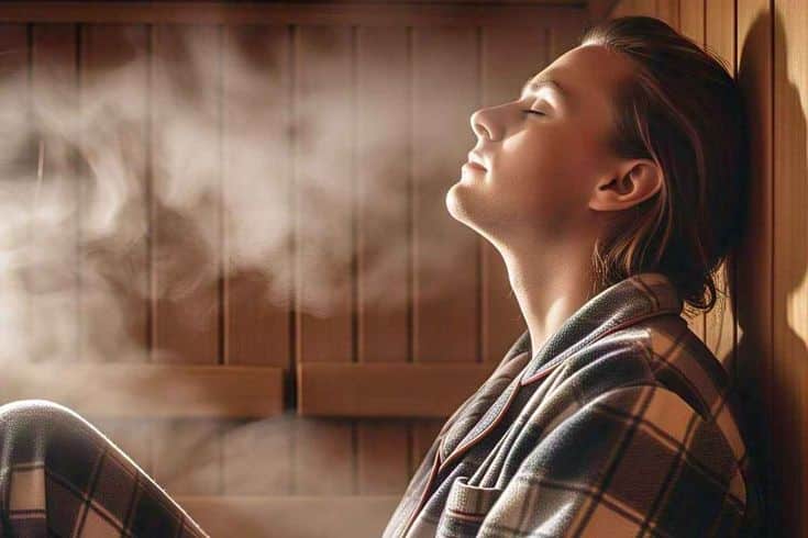 Sauna When Sick_ Exploring Safety Benefits and Effects on Cold Person relaxing in a steam room, wearing a robe, enjoying the soothing atmosphere with closed eyes and steam surrounding them. | Sky Rye Design Person relaxing in a steam room, wearing a robe, enjoying the soothing atmosphere with closed eyes and steam surrounding them.
