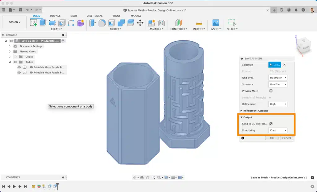 3D design in Autodesk Fusion 360 showing a maze puzzle box, ready for export to Cura for 3D printing.