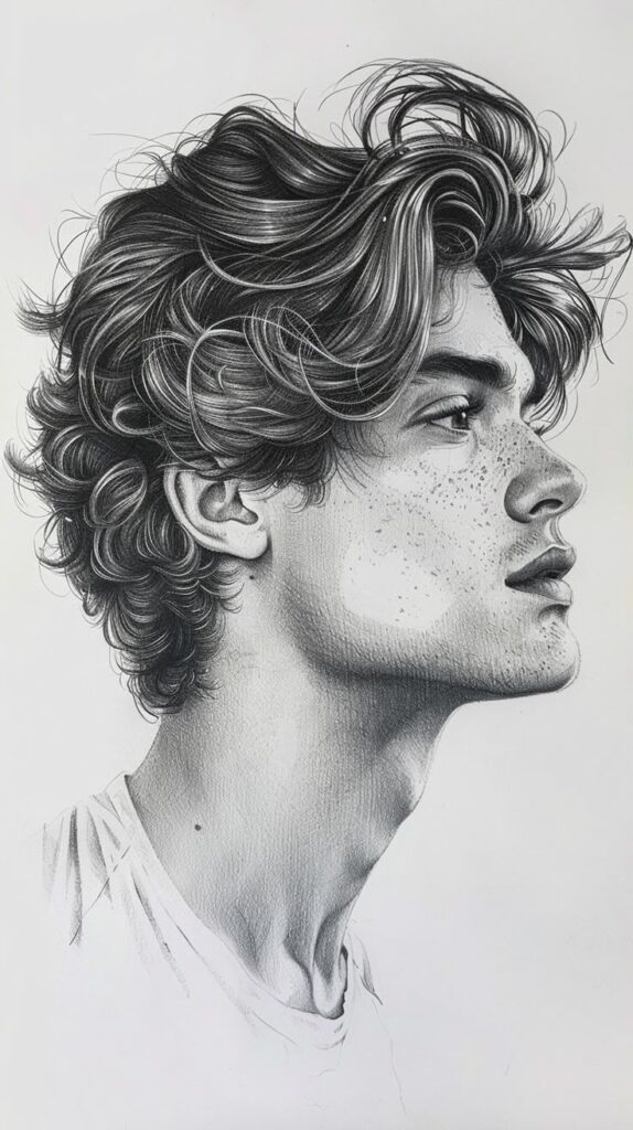 Shading Techniques_ Creating Depth and Dimension in Art _ Pencil drawing of a young man with curly hair and freckles, looking to the side, wearing a plain shirt. Detailed artistic sketch. | Sky Rye Design Pencil drawing of a young man with curly hair and freckles, looking to the side, wearing a plain shirt. Detailed artistic sketch.