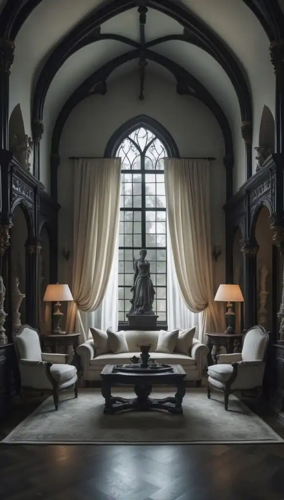Gothic-style living room with arched ceilings, large window, elegant statue, plush seating, and ambient lighting for luxurious ambiance.