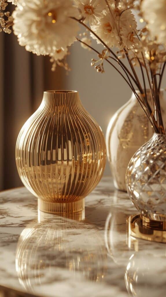 Shining Marble Glass Home Décor Elegant gold vase and flowers on a marble table, reflecting warm light, creating a luxurious and sophisticated decor setting. | Sky Rye Design Elegant gold vase and flowers on a marble table, reflecting warm light, creating a luxurious and sophisticated decor setting.