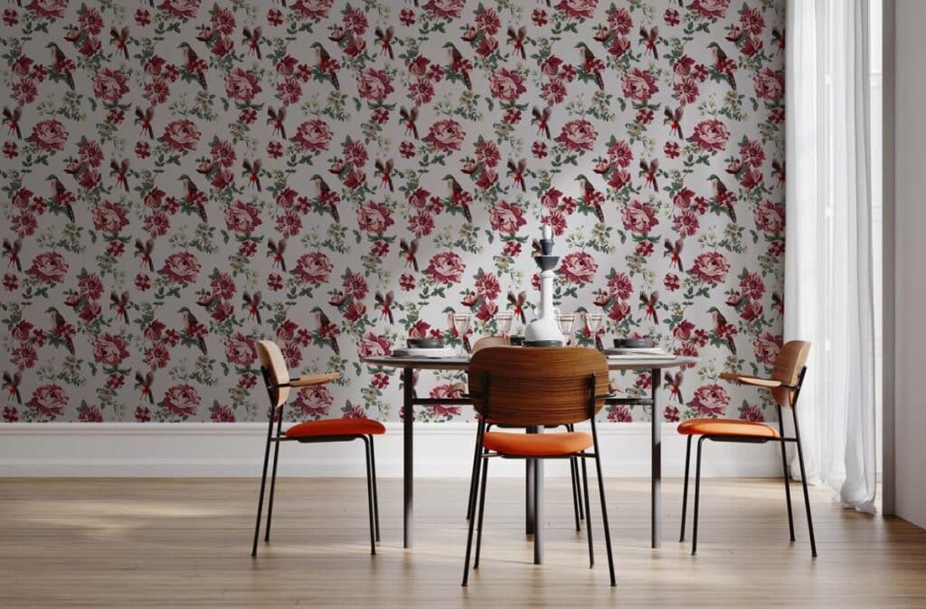 FrameMockupInHomeInteriorCozyModernKitchenInteriorBackground Dining room with floral and bird wallpaper, wooden table, and chairs. Bright, elegant space with natural light and decorative table setting. | Sky Rye Design Dining room with floral and bird wallpaper, wooden table, and chairs. Bright, elegant space with natural light and decorative table setting.