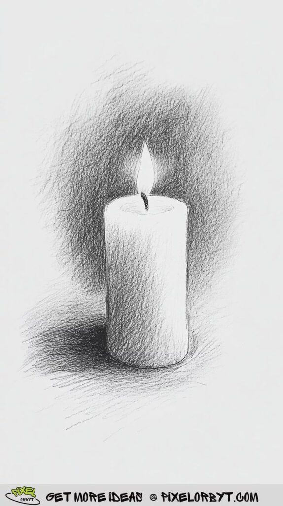Pencil sketch of a lit candle with a soft, glowing flame casting gentle shadows, conveying warmth and tranquility.