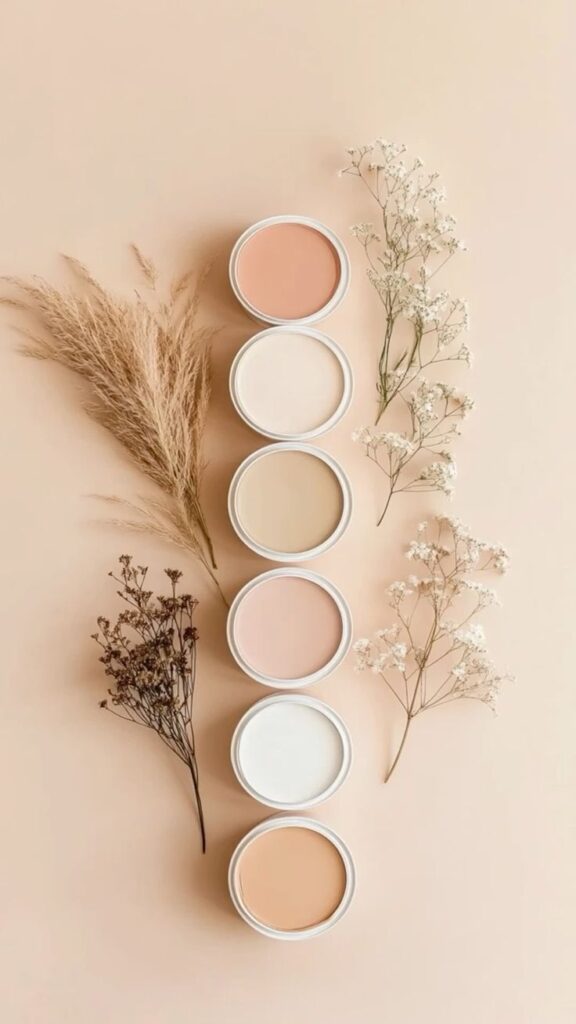 Five open makeup containers with natural tones on a beige background, surrounded by delicate dried flowers and grasses for aesthetic appeal.