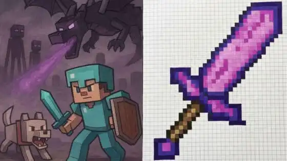 Minecraft battle scene with a character in blue armor, a dog, Ender dragon, and pixelated sword drawing on the right side.