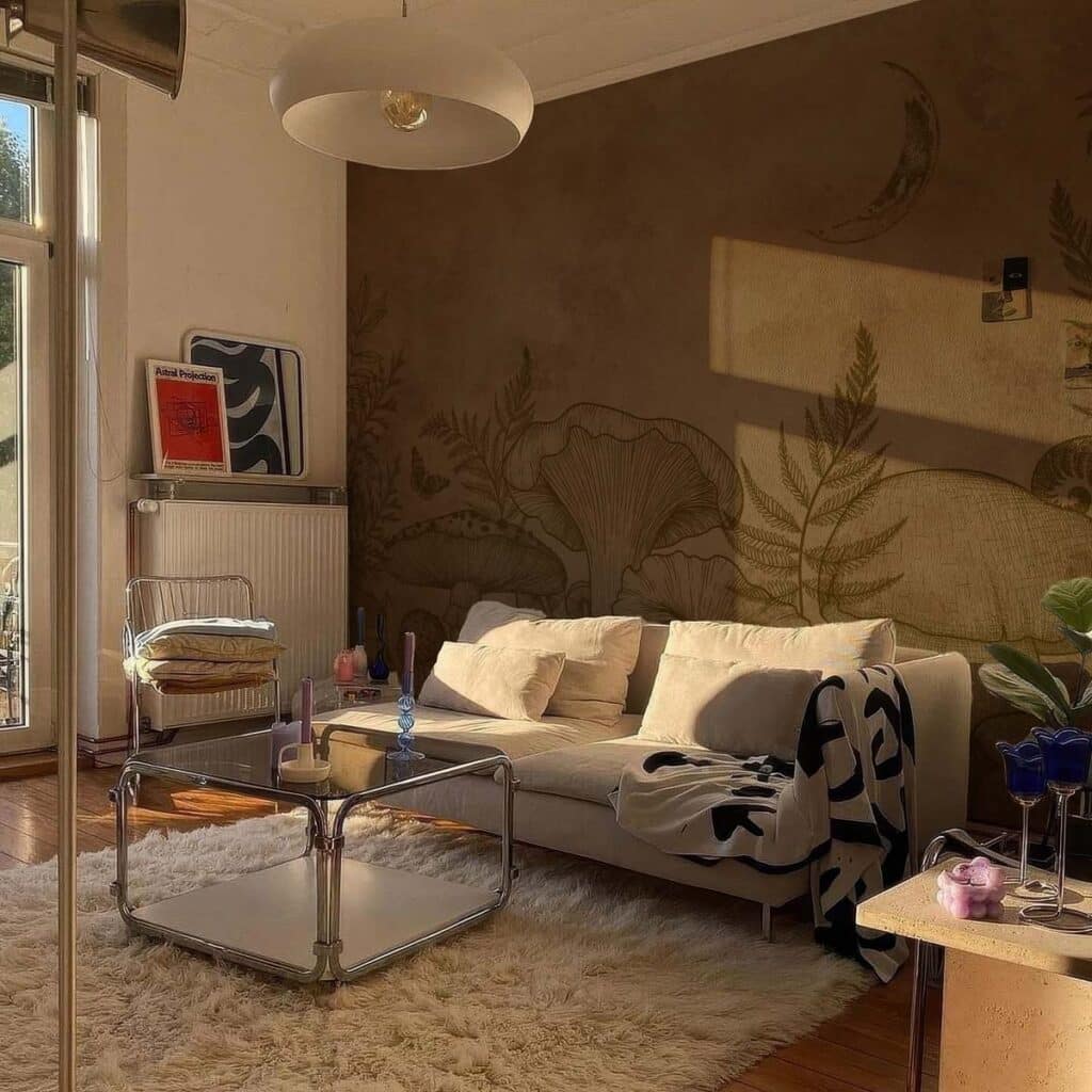 Slken-Serenity-Vintage-Nature-Sketch-Wallpaper-Mural-m Cozy living room with abstract wallpaper, minimalist furniture, and soft natural light through large windows, enhancing a warm atmosphere. | Sky Rye Design Cozy living room with abstract wallpaper, minimalist furniture, and soft natural light through large windows, enhancing a warm atmosphere.