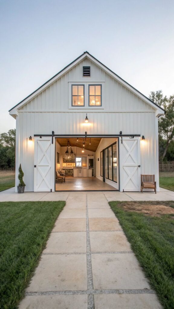 Modern farmhouse with open sliding doors, showcasing interior lighting, a cozy seating area, and a landscaped path at sunset.